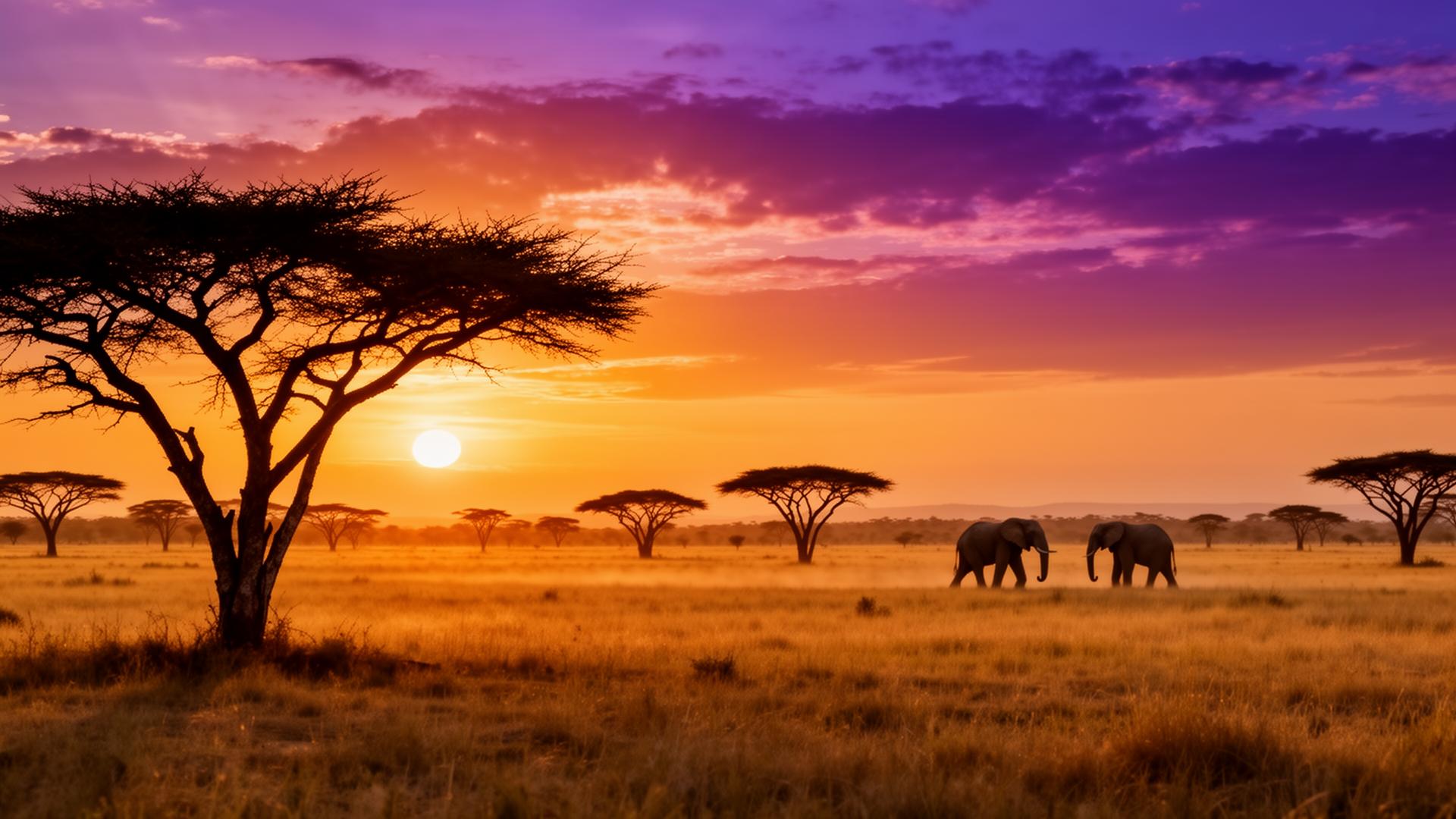 Afrikansk safari vid solnedgång med elefanter på savannen